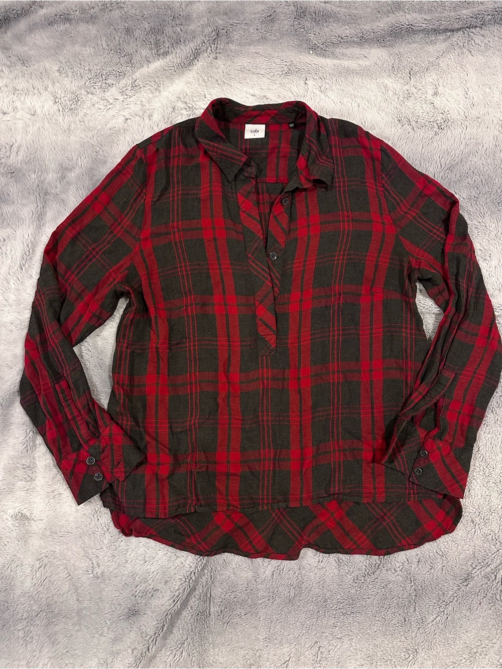 CAbi Red and Grey Plaid Quarter Button Shirt Soft Comfortable Size L
